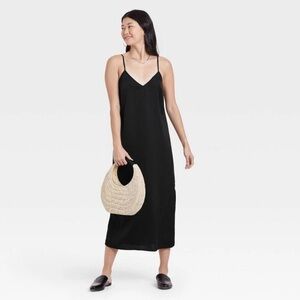 A New Day Black Essential Midi Slip Dress  NWT Large With Pocket and No slits